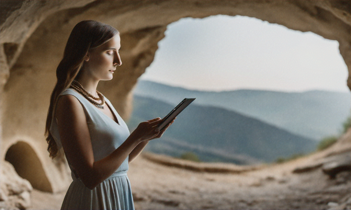 Ancient Greek philosophy meets modern technology, illustrating Plato's noble lie concept applied to technological progress