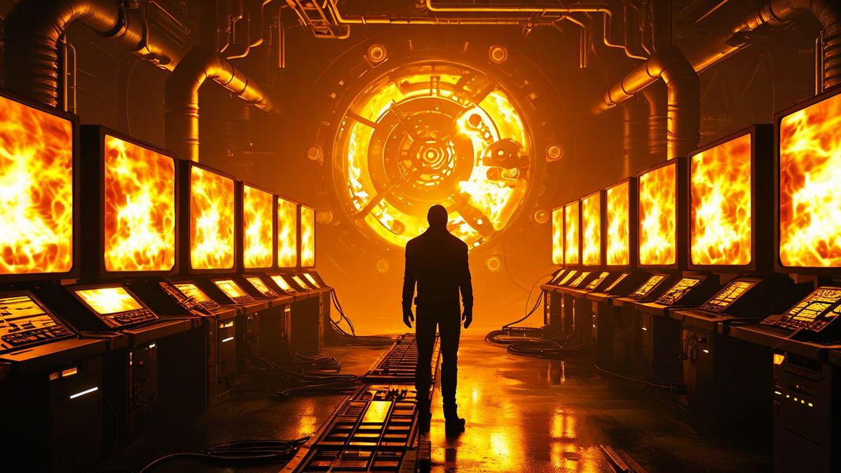 A figure turning away from glowing screens toward a warm fire illuminating the inner workings of a machine, symbolizing the journey from abstraction to understanding