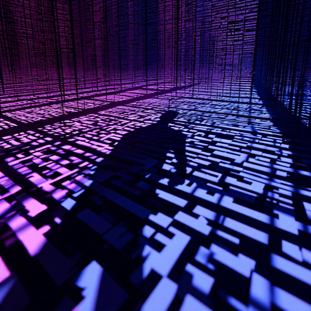 Abstract visualization of recursive shadows casting shadows of themselves in an infinite regression, glowing text fragments dissolving into darker copies of copies, moody blue and violet atmospheric lighting