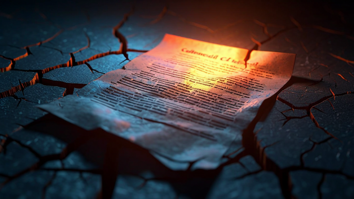 A confident glowing text document floating in darkness with hairline cracks revealing emptiness beneath its polished surface, representing AI hallucinations that look authoritative but contain fabricated information