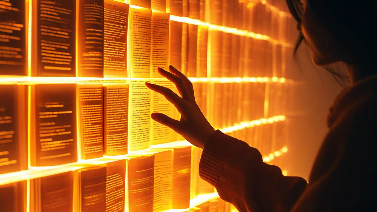 A person reaching through layers of translucent AI-generated summaries toward a distant glowing book representing primary source knowledge, the layers becoming more distorted with each step