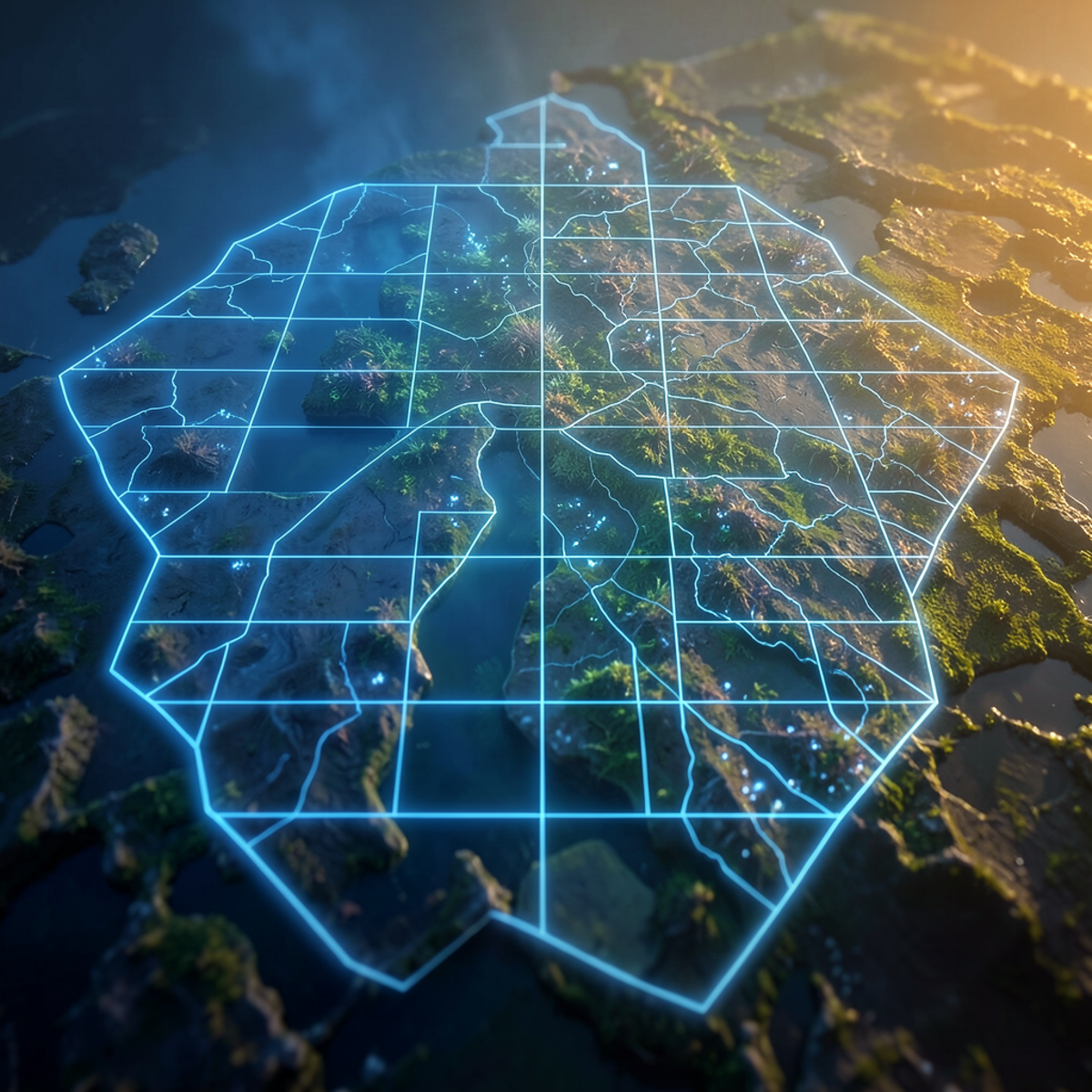 Abstract visualization of a glowing digital map overlaying and gradually replacing the physical landscape beneath it, the map's clean lines contrasting with the messy organic terrain, moody atmospheric lighting