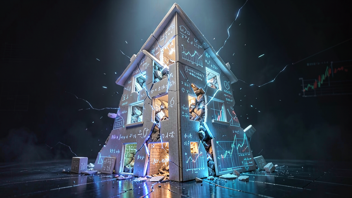 A towering house of cards made of glowing mathematical formulas and financial charts, beginning to collapse as cracks of reality show through the elegant structure