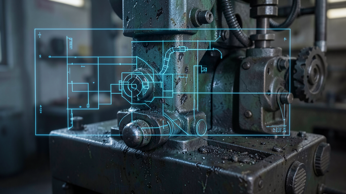 A glowing digital blueprint overlaying a physical machine, the blueprint showing clean perfect lines while the real machine beneath shows wear and imperfection