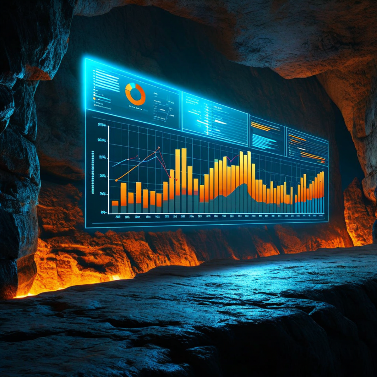 Abstract visualization of glowing dashboard charts and graphs casting long shadows on a cave wall, with the real world faintly visible beyond the screens, moody atmospheric lighting