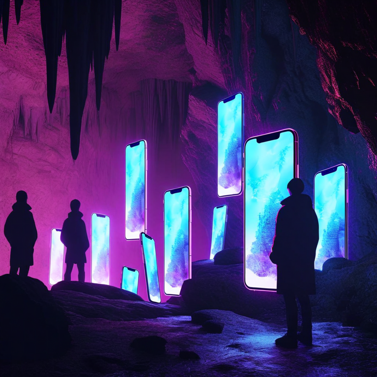 Abstract visualization of glowing phone screens projecting idealized silhouettes onto a cave wall while the real figures behind them appear ordinary and unpolished, moody atmospheric lighting