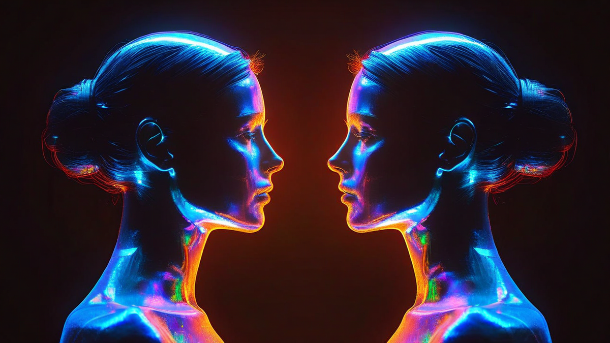 Two mirrored figures facing each other, each projecting a polished glowing version of themselves while their real forms remain in shadow, representing the dual role of consumer and creator on social media
