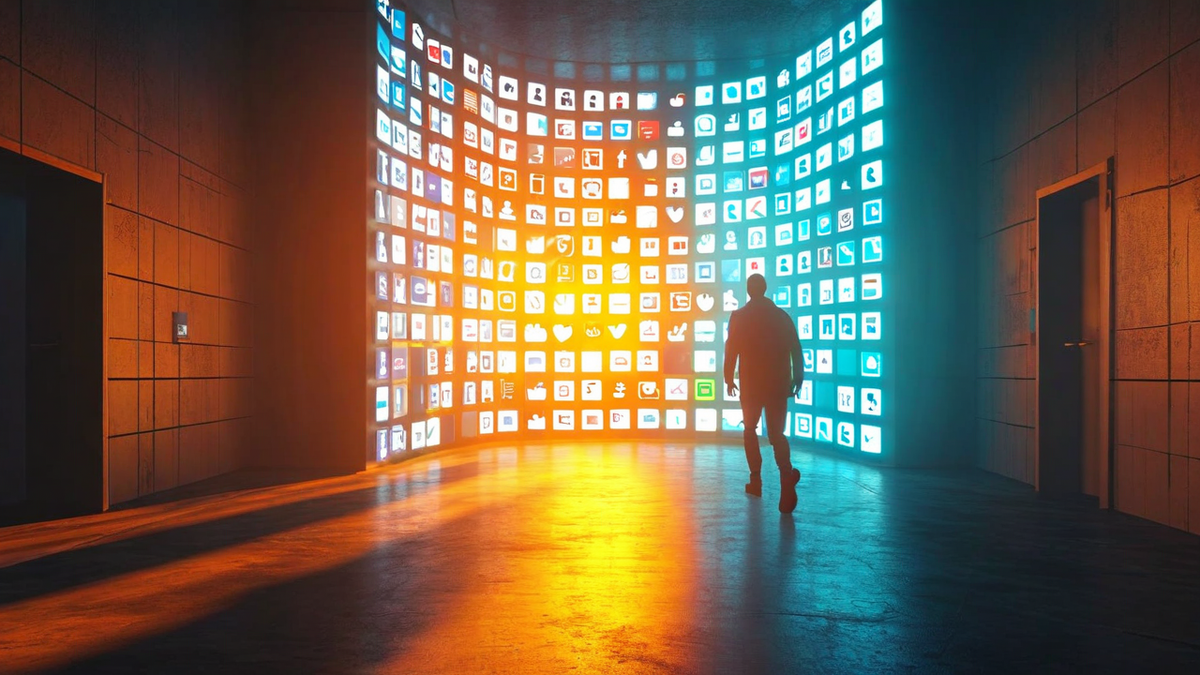 A figure stepping away from a wall of glowing social media feeds into a quiet sunlit doorway, the transition from digital noise to calm natural light