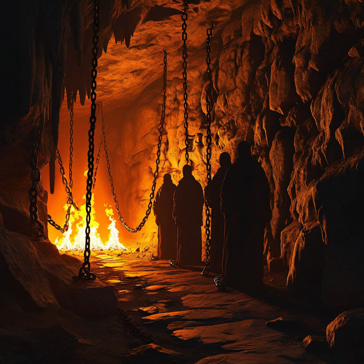A dark cave with prisoners watching flickering shadows on a stone wall, a fire burning behind them casting silhouettes of objects, philosophical and atmospheric