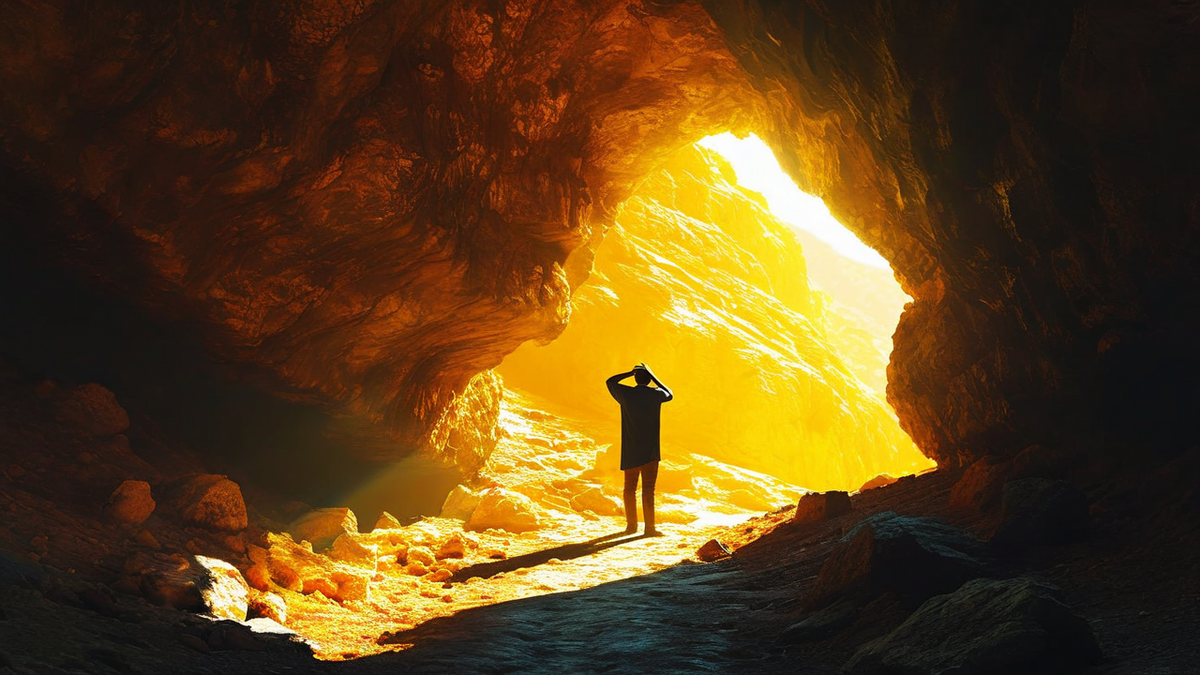 A figure emerging from a dark cave into blinding sunlight, transitioning from shadow to vivid color, representing the journey from illusion to knowledge