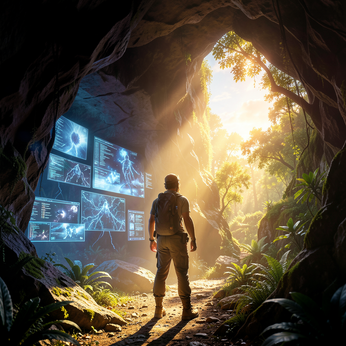 A figure emerging from a dark cave into brilliant sunlight, the cave behind filled with glowing screens and digital shadows, the outside world vivid and organic, atmospheric cinematic lighting