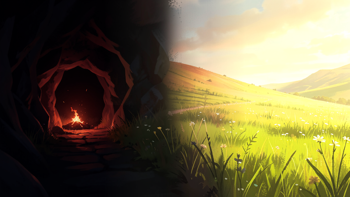 A gradient landscape transitioning from a dark cave with flickering firelight on the left to a bright sunlit meadow on the right, the journey from darkness to understanding