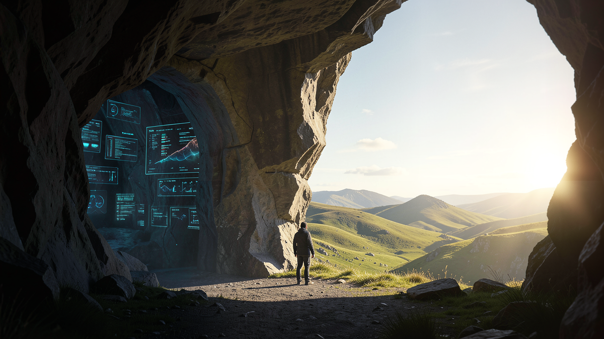 A solitary figure standing at the mouth of a cave, looking out at a vast sunlit landscape, the cave interior glowing with digital screens and data visualizations behind them