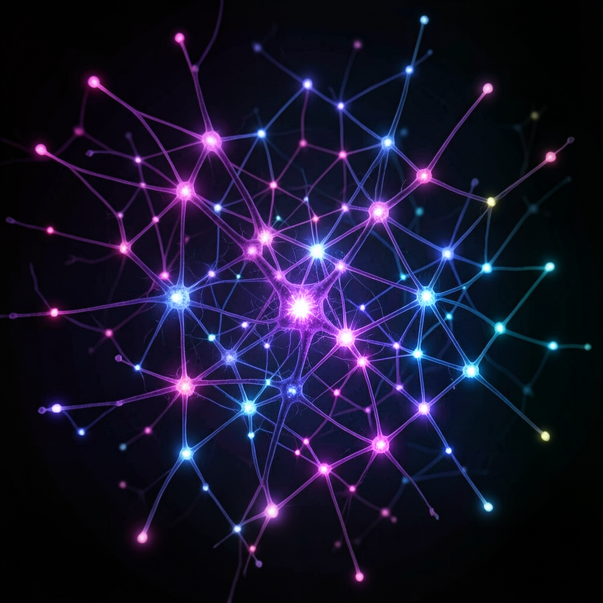 Abstract neural network with random weight connections glowing in different colors, some neurons active and others dark, representing the role of randomness in AI training