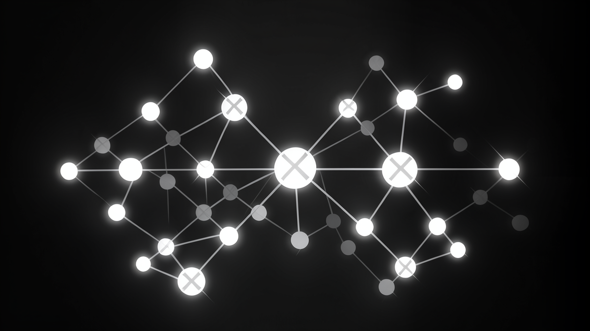 A neural network with some neurons crossed out or dimmed, representing dropout regularization where random neurons are disabled during training