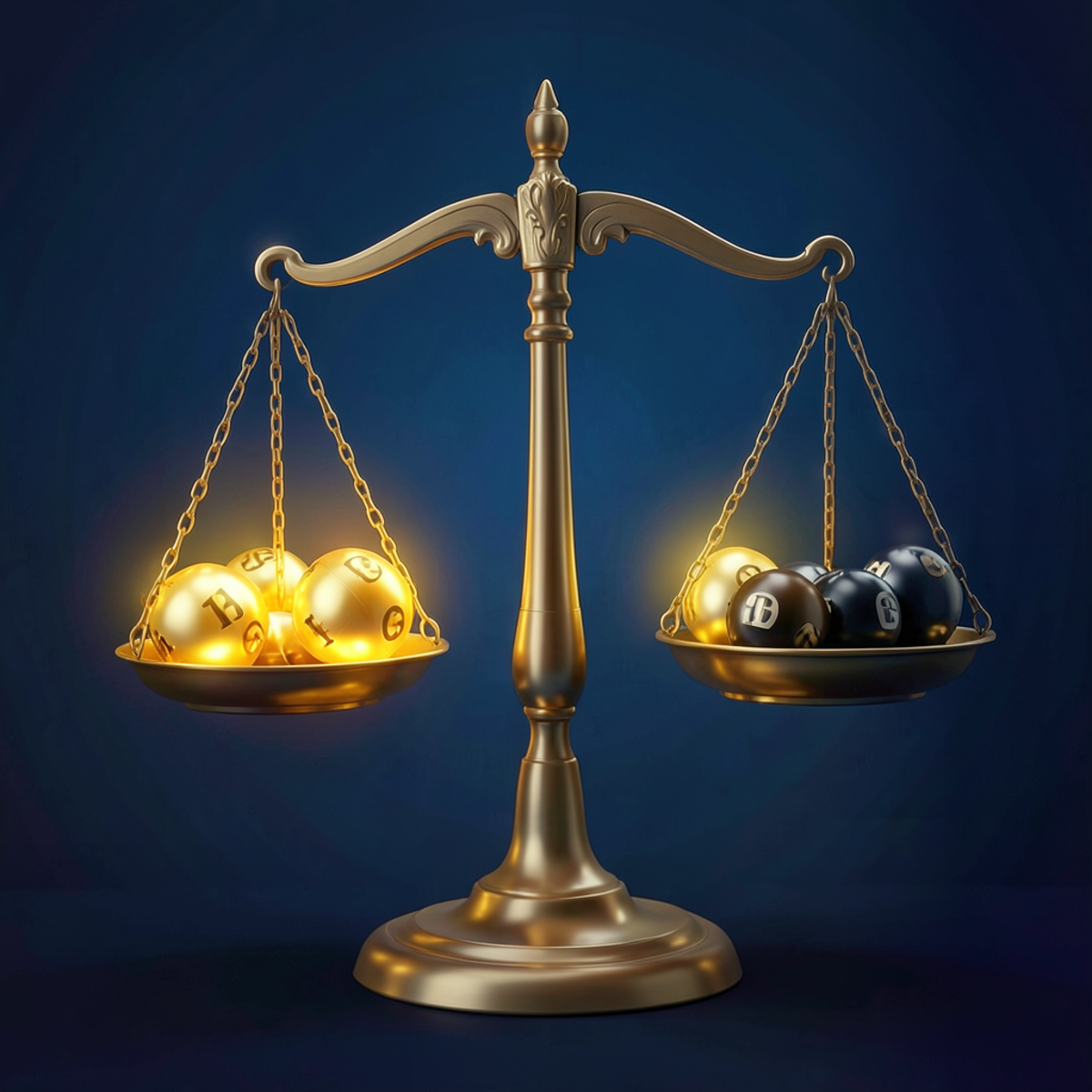 Abstract visualization of lottery balls and scales of justice, representing the tension between randomness and fairness