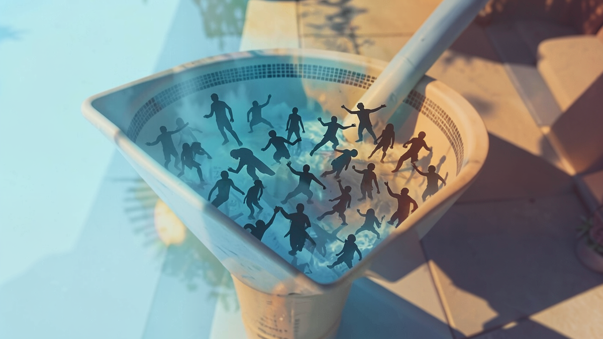 A pool of diverse figures being filtered through a funnel, with some figures missing from the pool entirely, representing selection bias in random sampling