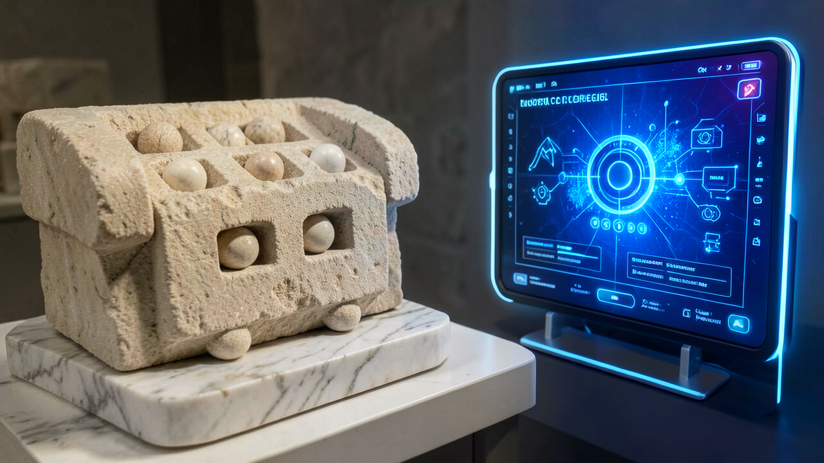 An ancient Greek kleroterion stone device alongside a modern digital lottery interface, bridging ancient and modern approaches to random selection