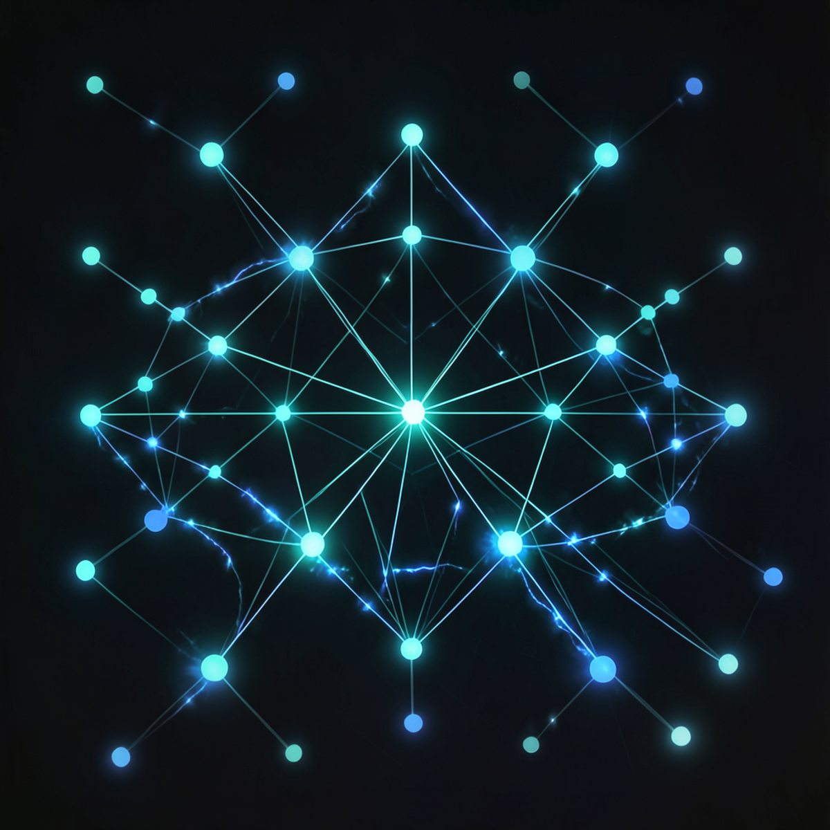Abstract visualization of distributed network nodes connected by glowing lines, with random pulses of light breaking symmetry across the network