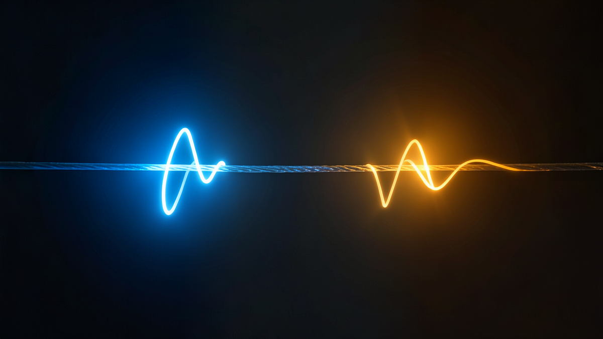 Two signals colliding on a shared wire, then separating after random delays, representing Ethernet exponential backoff