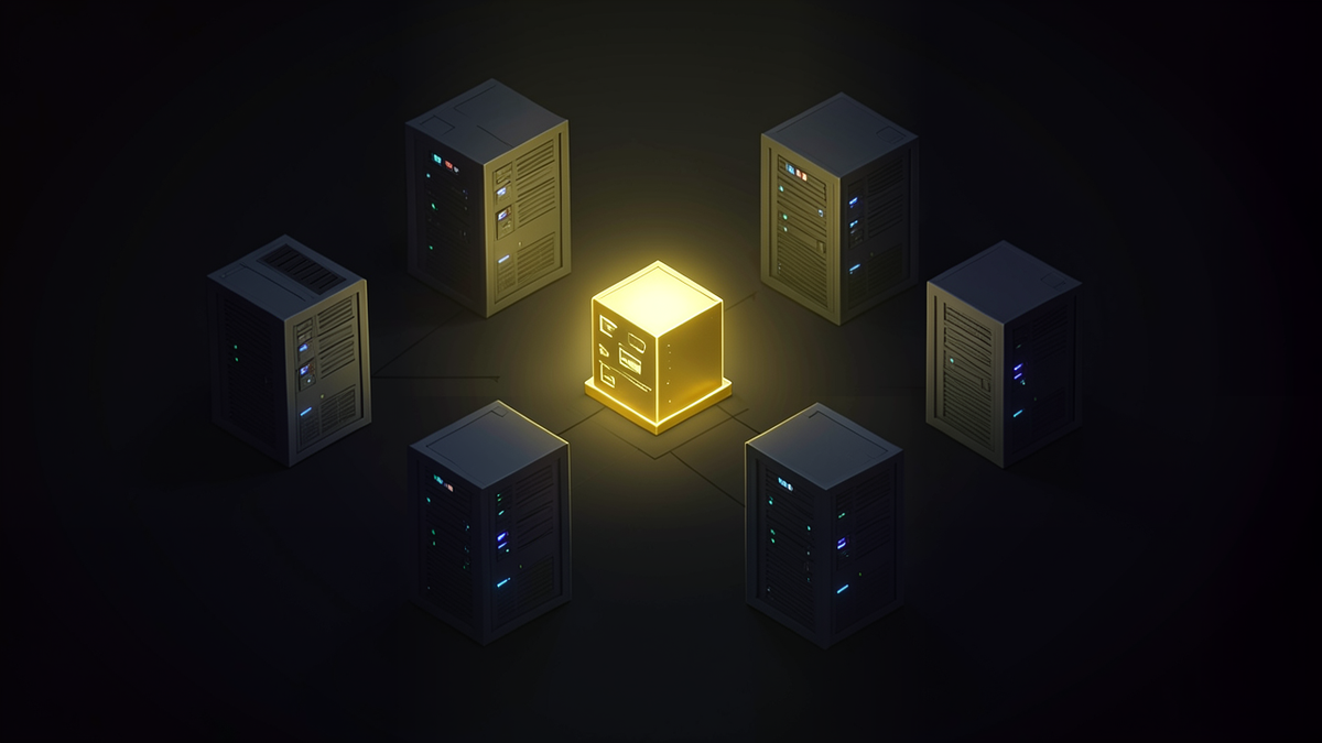 A cluster of server nodes with one node glowing brighter than the others after a random timeout, representing leader election in distributed consensus