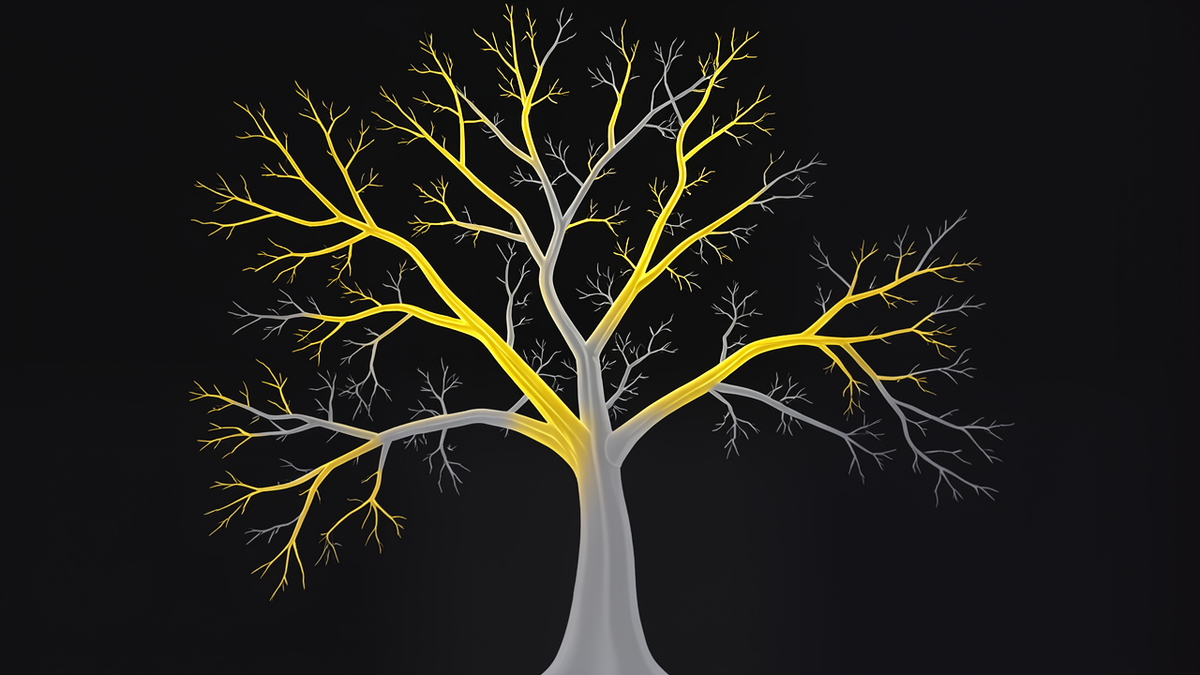 A branching game tree with some paths highlighted and others fading, representing Monte Carlo Tree Search exploring promising moves through random playouts