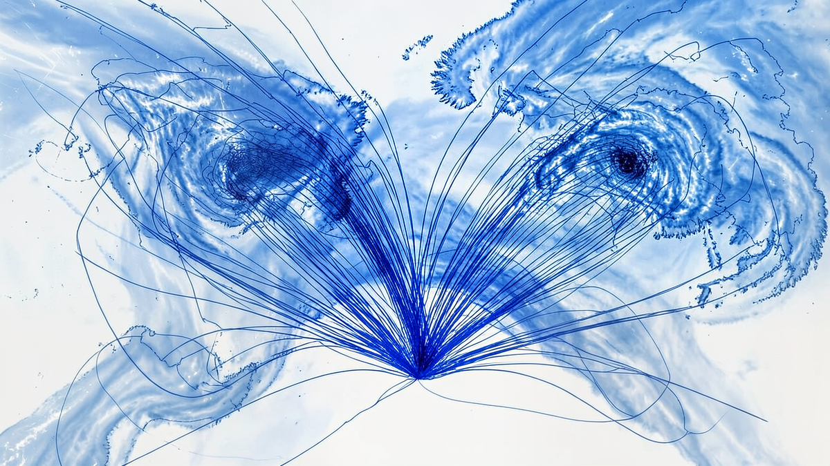 Multiple weather forecast paths fanning out from a single starting point, some converging and others diverging wildly, representing ensemble forecasting