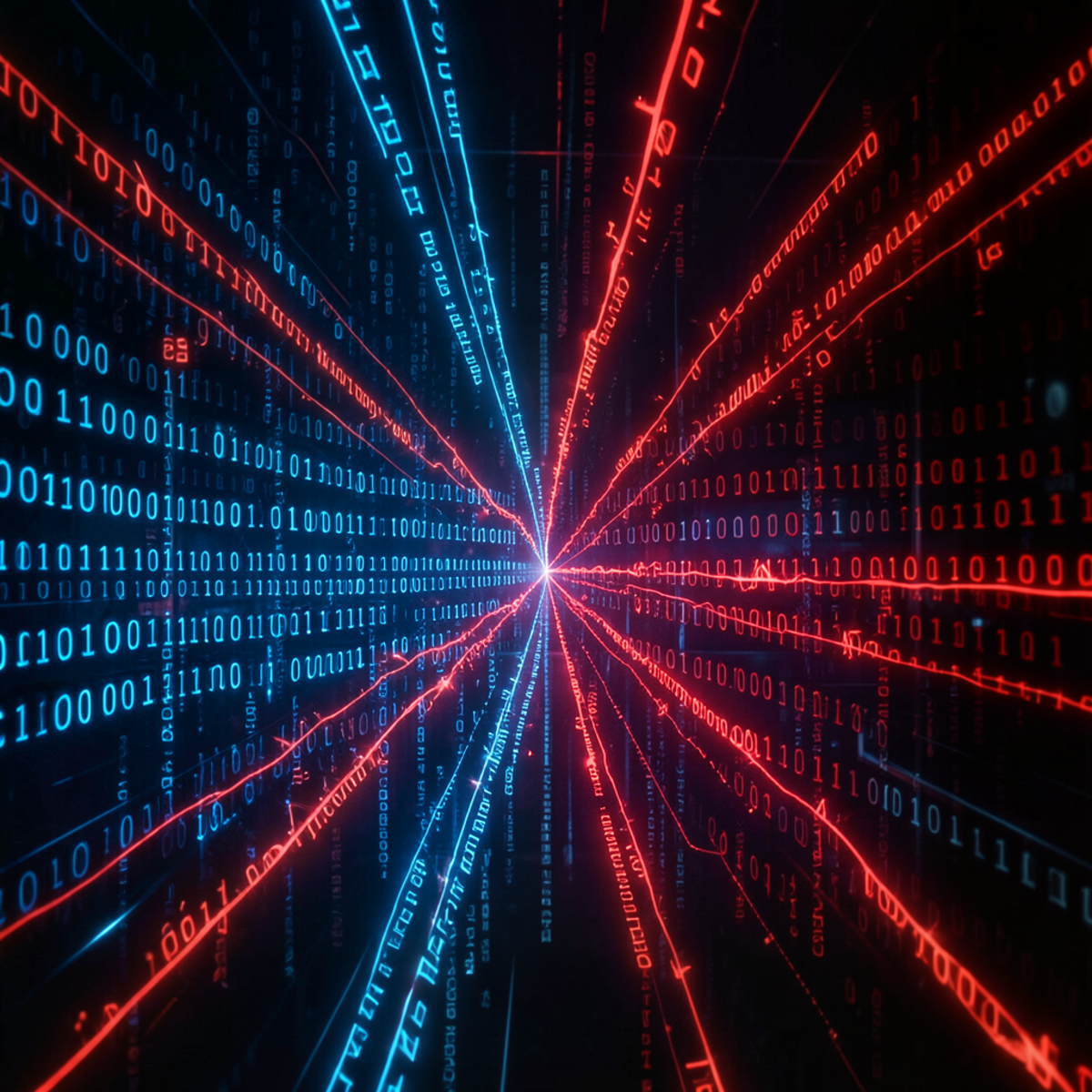 Abstract visualization of cryptographic keys emerging from streams of binary code, with some streams glowing red to indicate compromised randomness