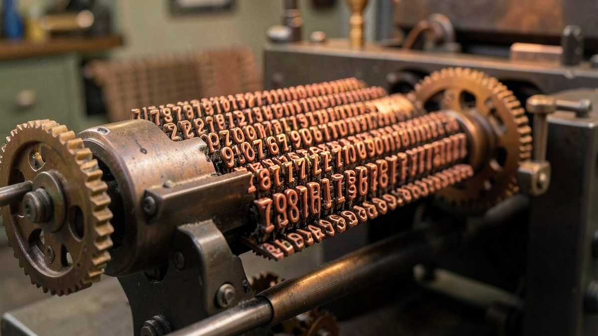 A deterministic machine producing a long sequence of numbers that appear random, with the seed value visible at the input like a key in a lock