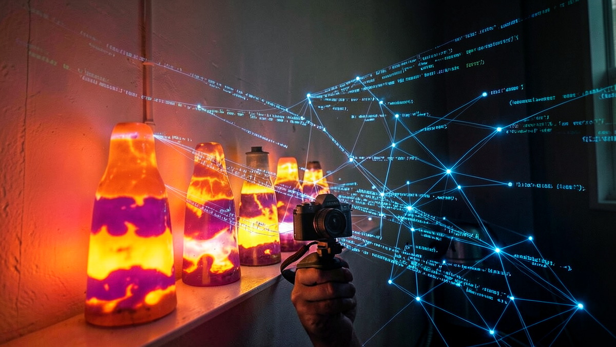 A wall of colorful lava lamps with a camera pointed at them, streams of data flowing from the lamps into a network of encrypted connections