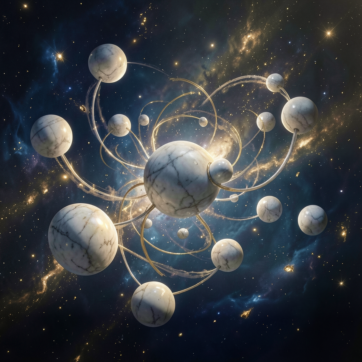 Abstract visualization of atoms swerving in a cosmic void, representing Epicurus's clinamen and the philosophical origins of randomness