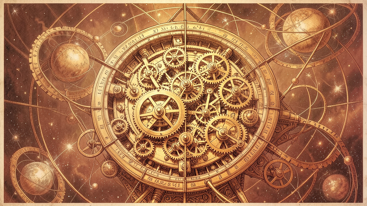 An intricate clockwork mechanism of golden gears and celestial orbits representing Laplace's deterministic universe