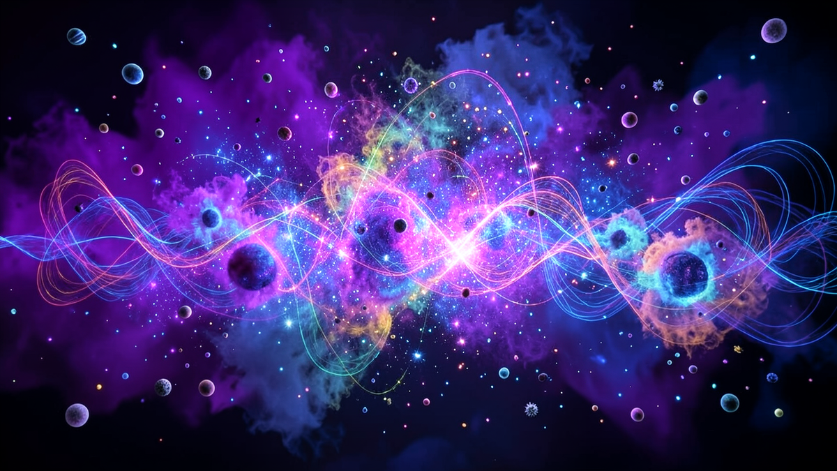 Subatomic particles dissolving into shimmering probability clouds, representing quantum mechanical randomness