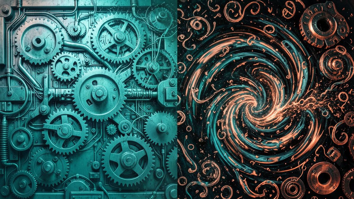 A machine where orderly gears and circuits dissolve into swirling random patterns, representing the boundary between determinism and pseudorandomness
