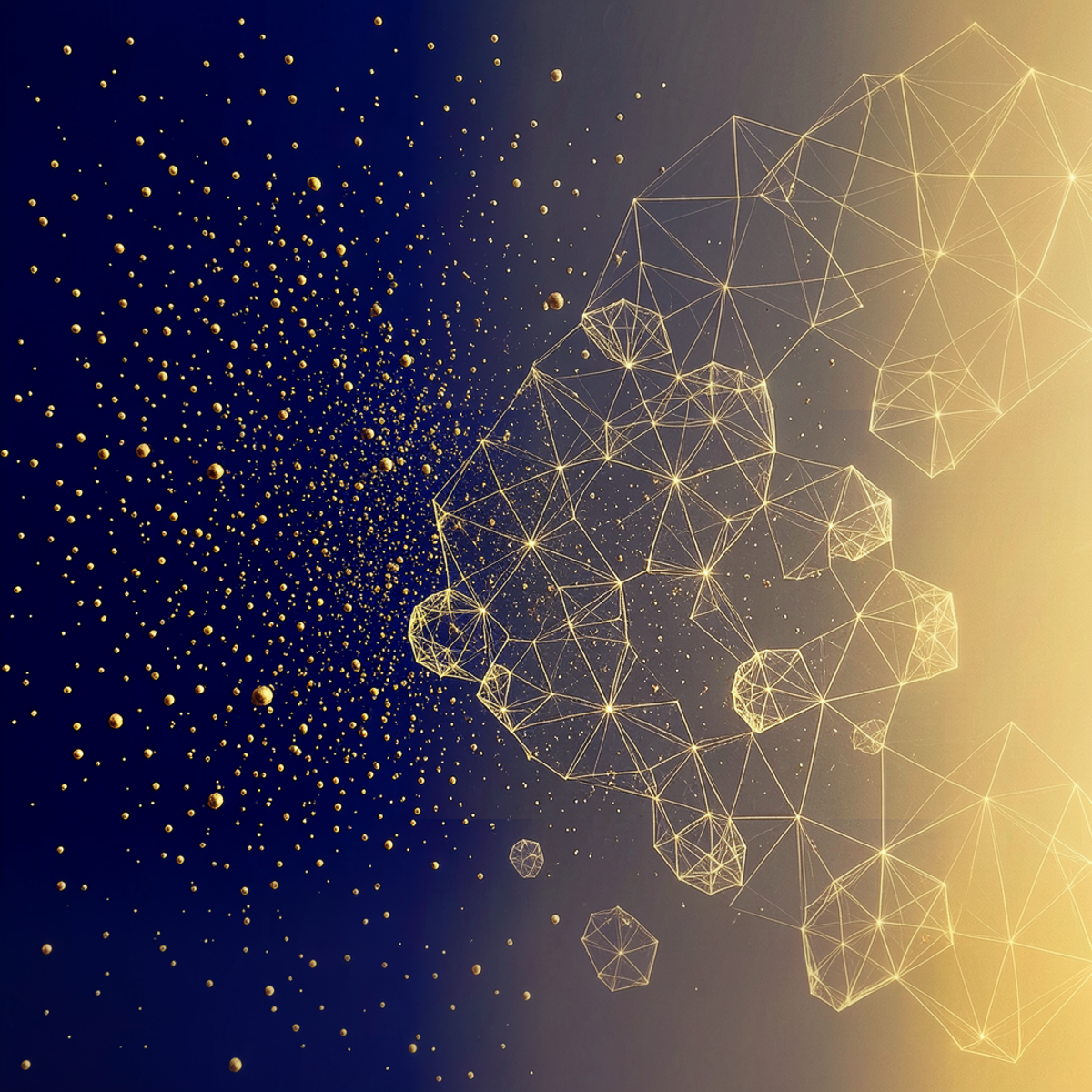 Abstract visualization of order emerging from chaos, scattered random elements on one side gradually forming structured patterns on the other, representing the synthesis of randomness across technology domains