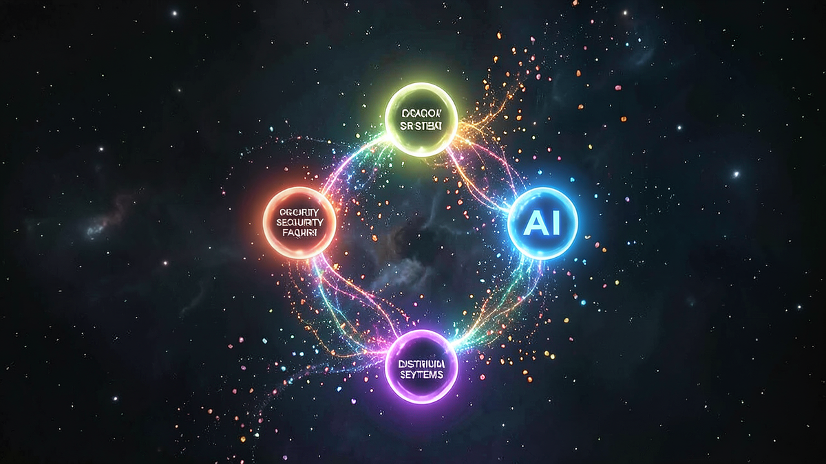 Five interconnected domains represented as glowing nodes, cryptography, fairness, simulation, distributed systems, and AI, all connected by streams of random particles flowing between them