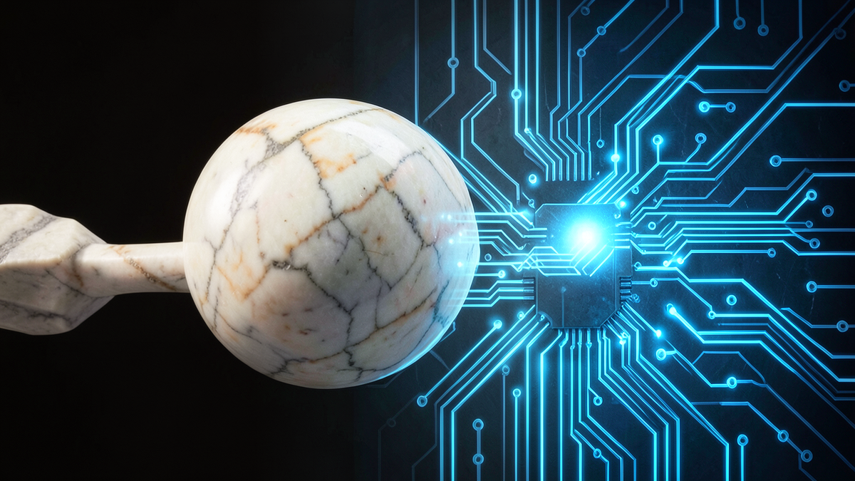 An ancient Greek atom swerving from its path merging with a modern circuit board, bridging Epicurus's clinamen with contemporary engineering, philosophical and technological imagery combined