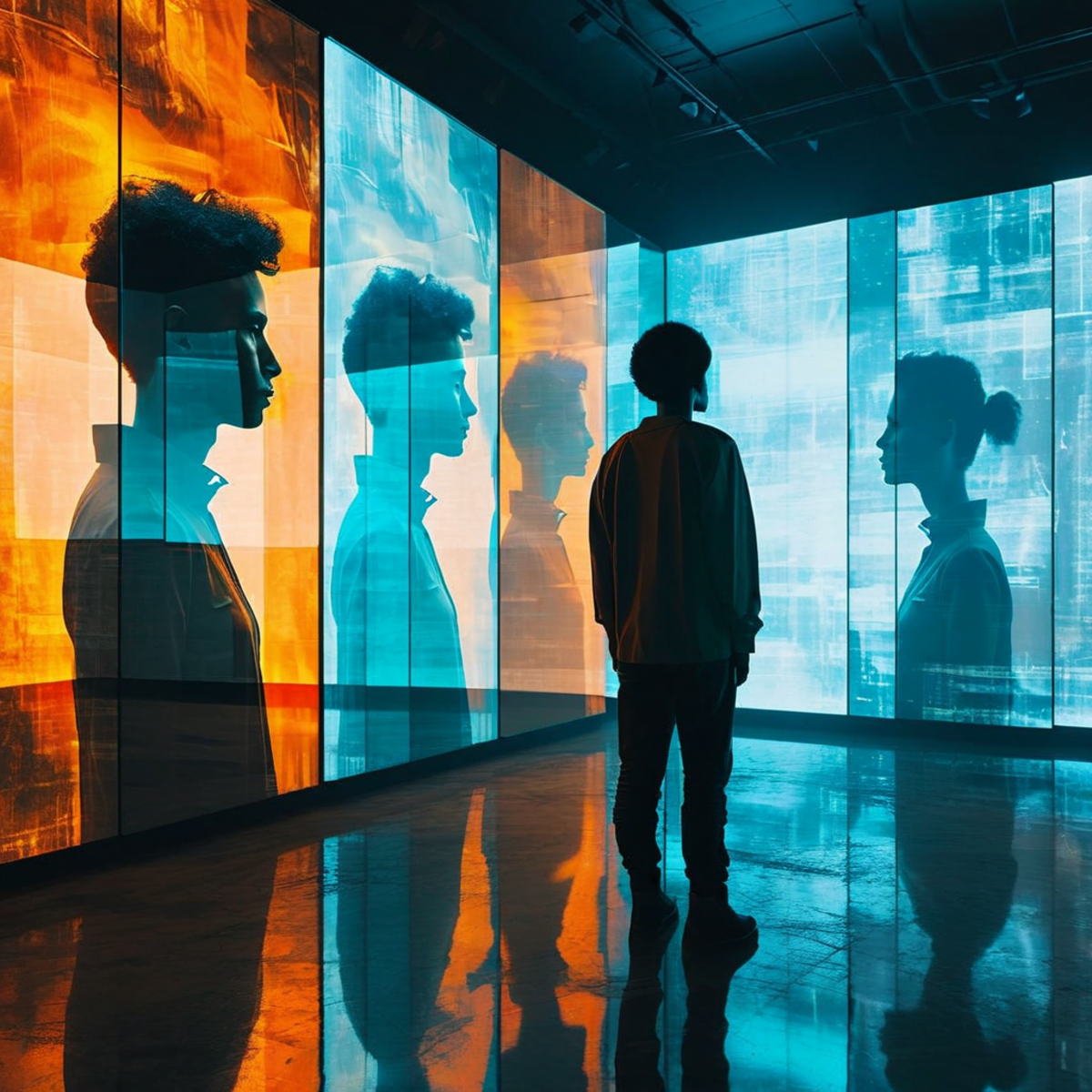 A person looking at multiple reflections of themselves in digital screens and mirrors, each reflection showing a different version or era of the same person, representing the persistence of digital identity over time