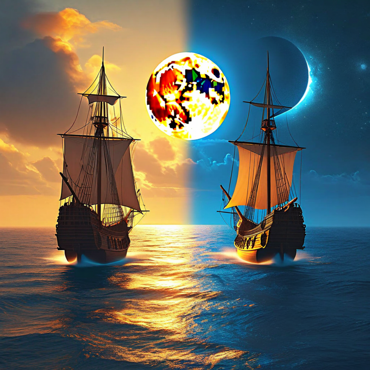 Two diverging paths from a single origin point, with forking branches representing open source project forks, warm and cool tones showing the split between competing identities