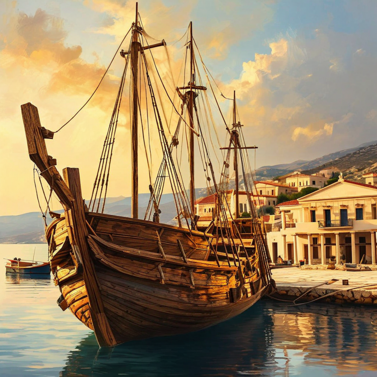 Ancient Greek wooden ship in a harbor being repaired, with old weathered planks being replaced by new timber, philosophical atmosphere with warm golden light