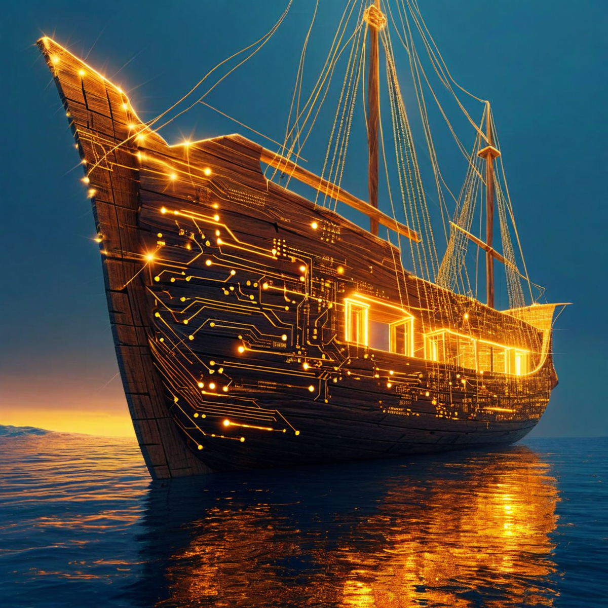 Abstract visualization of identity and continuity, showing an ancient ship transforming into digital architecture with threads of connection between old and new forms