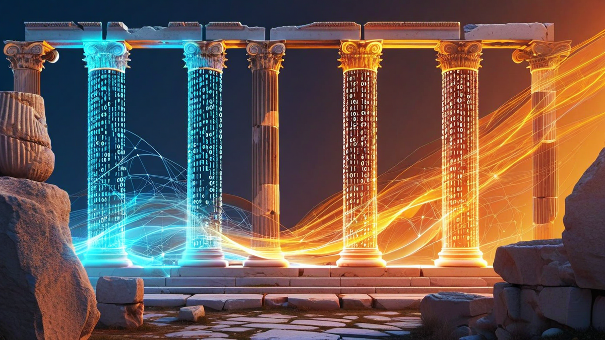 Four philosophical frameworks for identity visualized as ancient columns transforming into different digital forms
