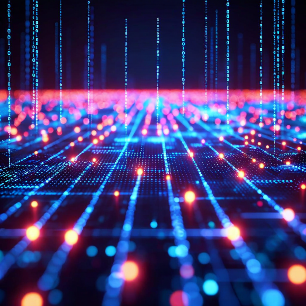 Abstract visualization of data points accumulating into a surveillance network representing privacy erosion