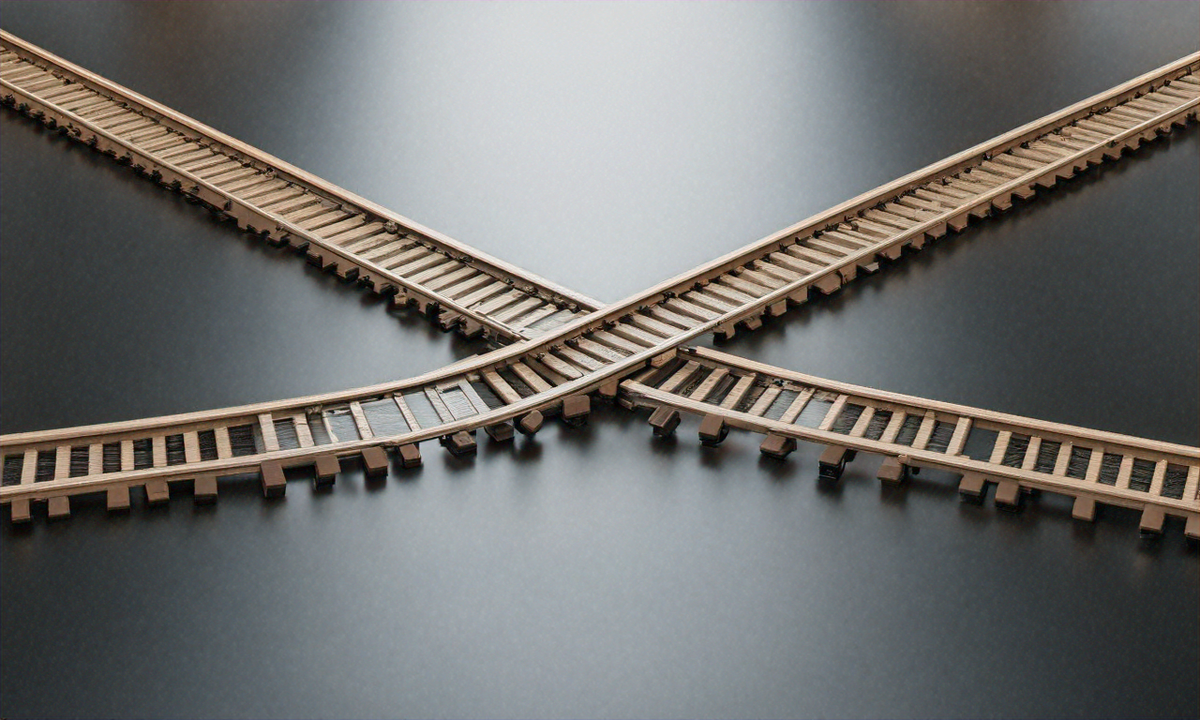 Abstract visualization of the classic trolley problem showing diverging railroad tracks representing ethical dilemma