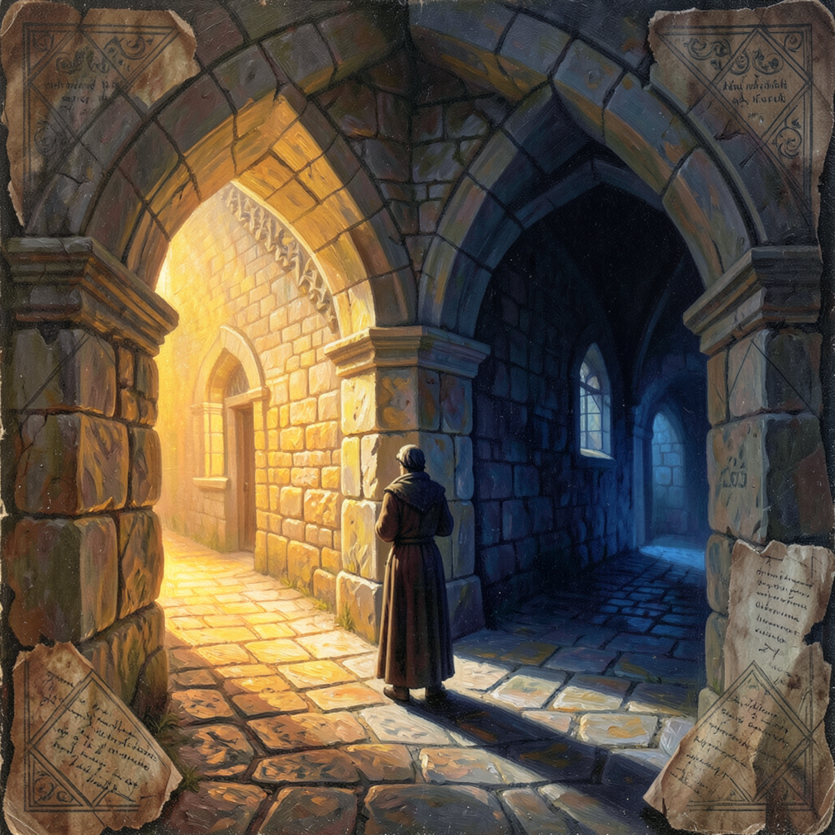 A figure standing at a medieval stone archway that splits into two paths, one lit warmly and one in shadow, representing the moral fork of double effect