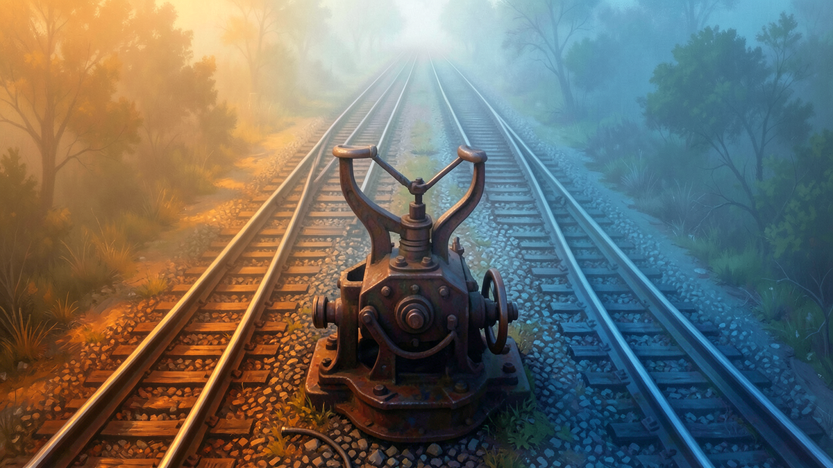 A railroad lever at a track junction viewed from above, two tracks diverging into warm and cold tones, representing the trolley problem's core choice