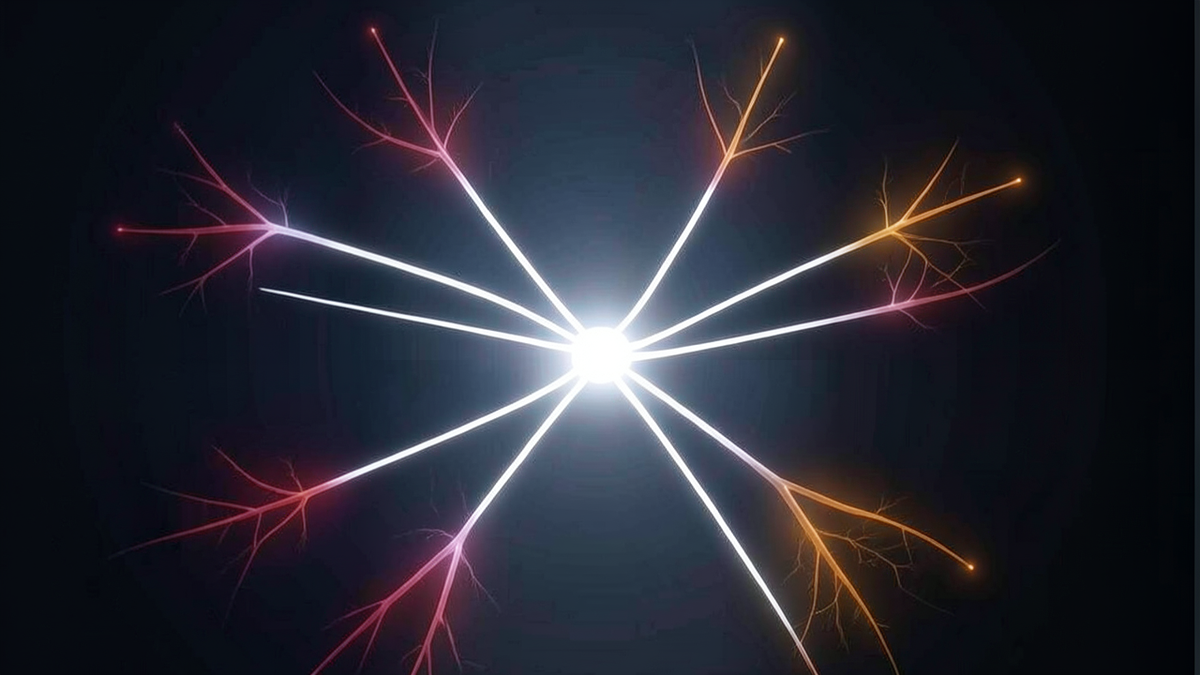 An algorithmic network branching from a central node, most branches glowing white but outer branches shifting to red, representing harmful side effects of optimization