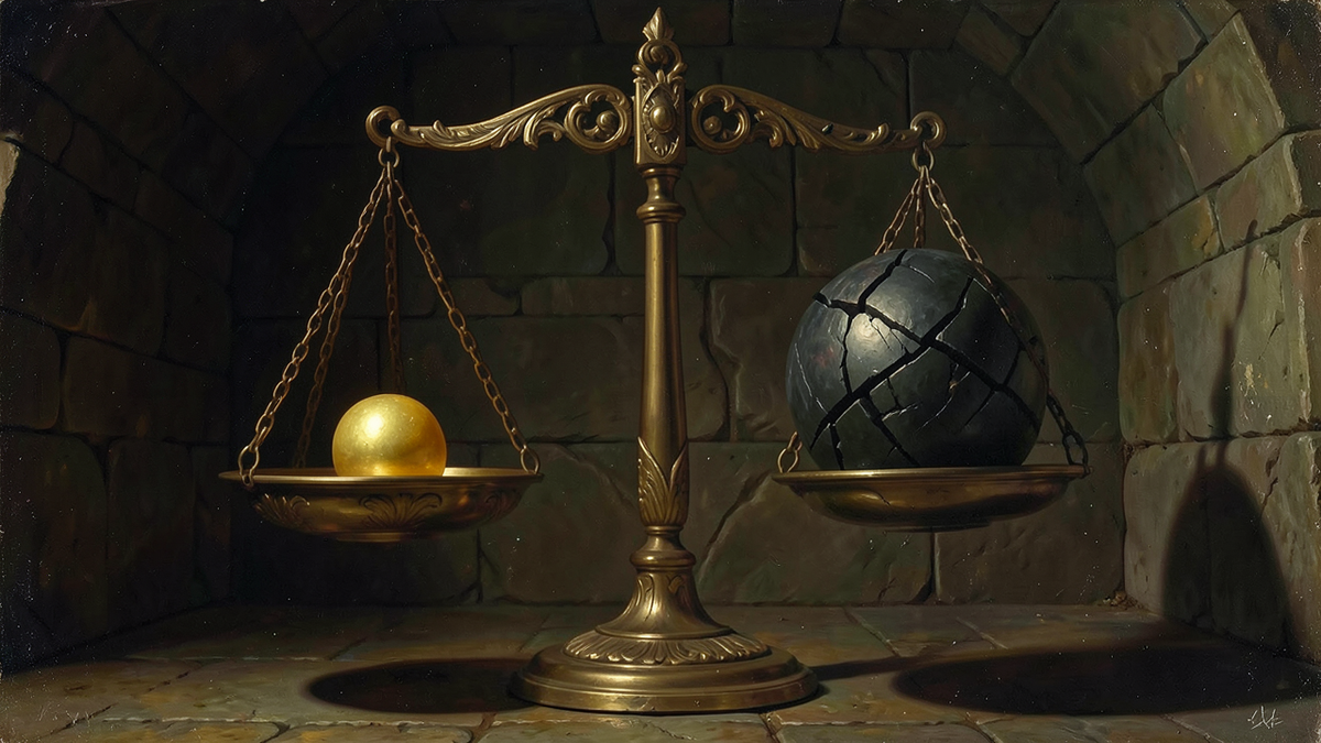 An ornate balance scale with a small golden sphere of good outweighed by a larger dark fractured sphere of harm, representing the proportionality test