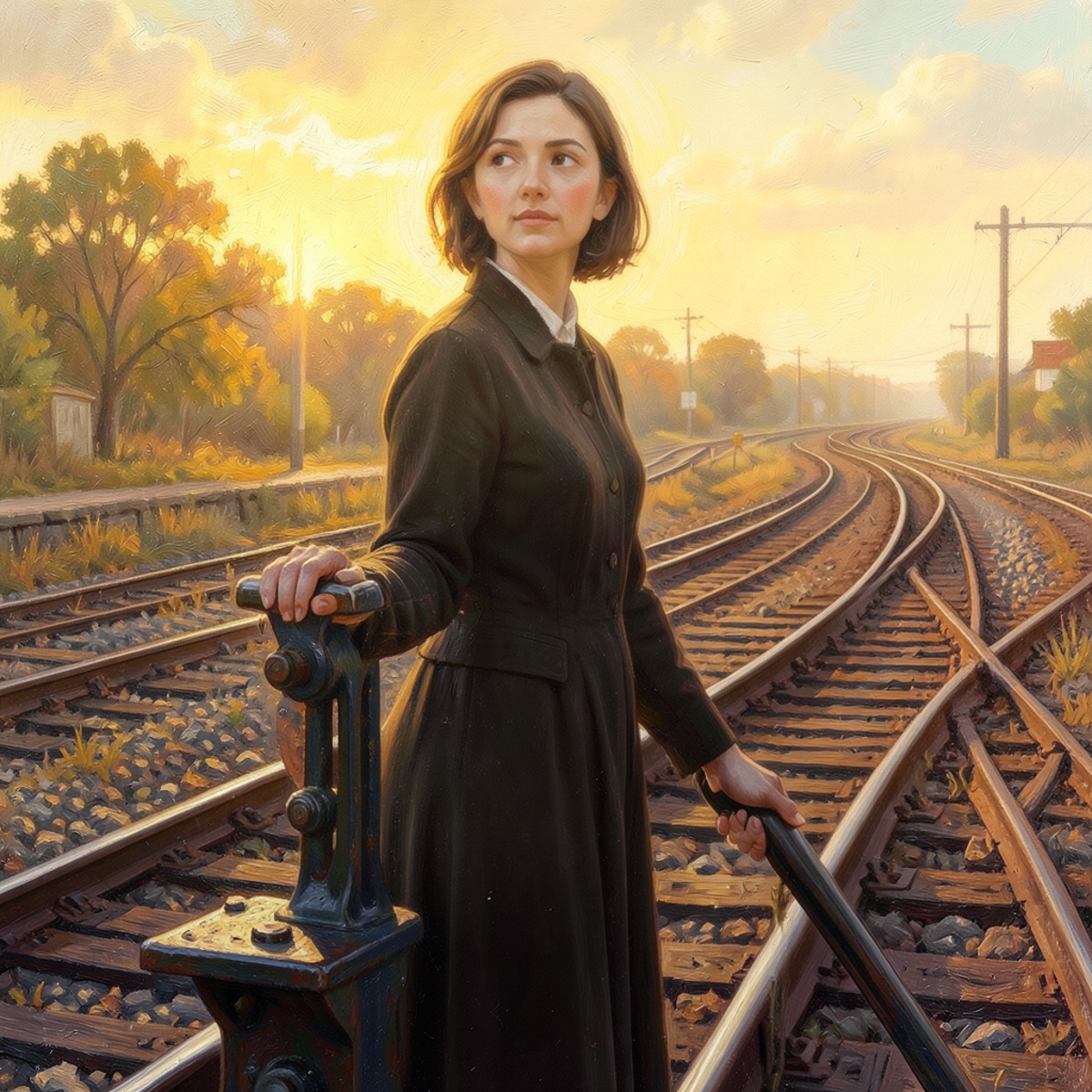 A person standing at a railroad lever with eyes open, seeing all the tracks and all the people, holding the lever with deliberate awareness rather than panic