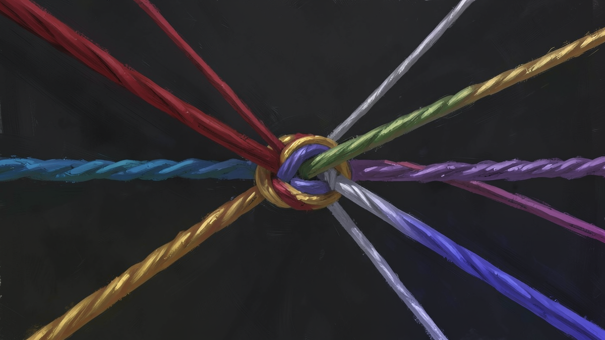 Six different colored threads converging into a single braid, each thread distinct but contributing to a stronger whole, representing the six moral concepts woven together